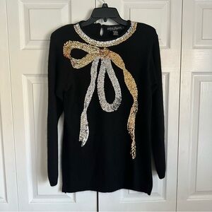 Vtg Work In Progress Sweater Womens S Black Sequin Bow Silk Angora 90s Holiday